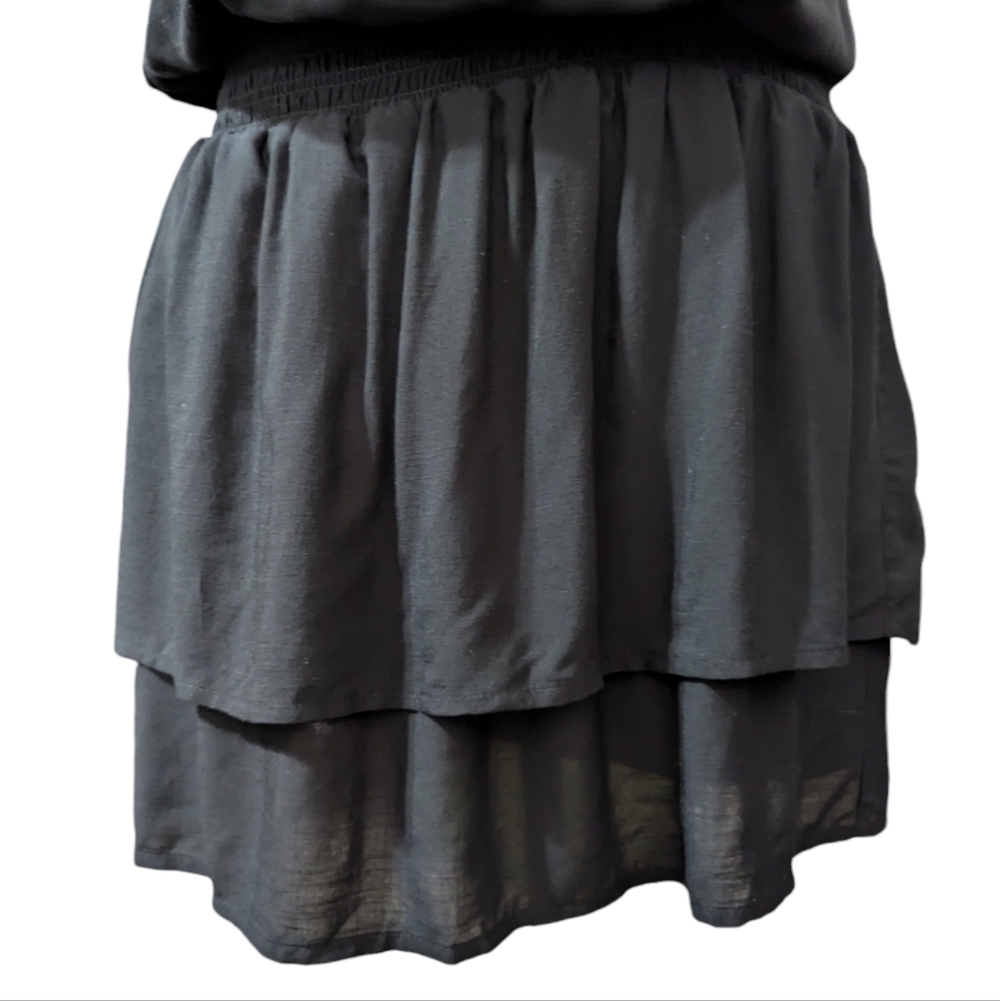 PAIGE Cristina Black Smocked Mini Dress Flutter Sleeve Tiered S - Picture 9 of 15
